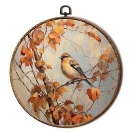 FSTCSV Vintage Fall Bird Round Wall Art Framed, Fall Bird Picture Maple Leaves Canvas Prints Wall Hanging Art, Vintage Rustic Autumn Circle Walls Decor for Living Room Home Bedroom, 10x10in