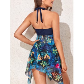 MiYang Women Tankini Swimdress with Boyshorts Two Piece V Neck Bowknot Halter Bathing Suit Dress Papillon Tulip Large