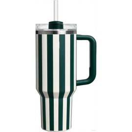 40 oz Tumbler with Handle and Straw, Kid Tumbler with Lid and Straw, 304 Stainless Steel Child Tumbler, School Sports Outdoor (Green Stripes)