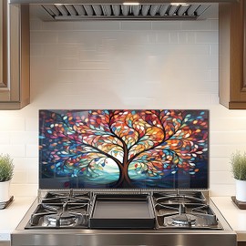 DAIFURONGE Tempered Glass Backsplash for Kitchen, Tree of Life Art Stove Backsplash Protector - Easy to Clean Wall Decor (Art Deco 2, 30"x14"(76.2x35.56cm))
