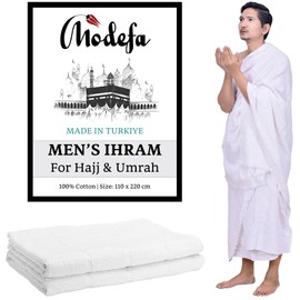 Modefa Ihram for Umrah Men Towel Set - Comfortable Unsewn Ahram Hajj Essentials for Men Umrah Essentials Ehram - 110 x 220cm per Towel 2 Towels Turkish 100% Cotton 1500 Grams (Ihram + Belt + Booklet)
