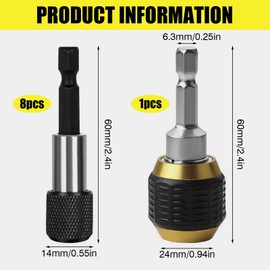 9 Pieces Magnetic Bit Holder 60 mm, Bit Holder Magnetic 1/4 Quick Change Drill Holder Stainless Steel Bit Extension Bit Holder Set for Drill Impact Screw