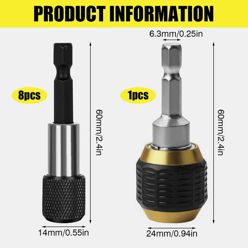 9 Pieces Magnetic Bit Holder 60 mm, Bit Holder Magnetic