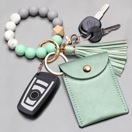 UpUDo Keychain Bracelet Wristlet, Silicone Beaded Key Ring Bracelet with Card Wallet, Elastic Keyring Bangle for Womens