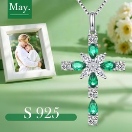 JiaYang Sterling Silver Cross Necklace for Women, 12 Birth Stone Colour Cubic Zirconia Double Cross Pendant Faith Jesus Christian Jewellery, Sterling Silver, Diamond, zirconia
