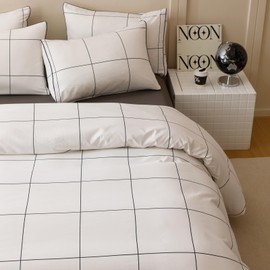 KAREVER White Grid Comforter Queen Women White Comforter with Black Square Lines Black White Checkered Bedding Set Queen White Plaid Comforter Queen Size