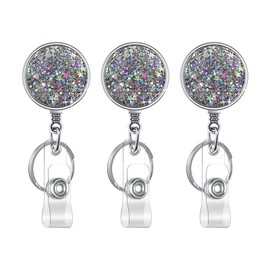 Retractable Badge Holder, Lightweight Plastic Badge Reel Retractable Card Holder with Key Ring Backing Belt Clip for Nurse,Volunteer,Teacher,Student,Office (Pretty Sliver Stars 3 Pack-UK)