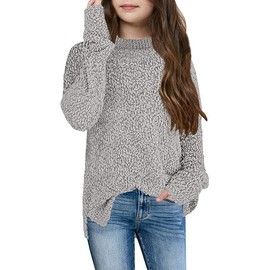 Tankaneo Girls' Fuzzy Fleece Warm Pullover Crew Neck Loose Chunky Side Slit Pullover Sweatshirt Plain Autumn Winter Warm Top, gray
