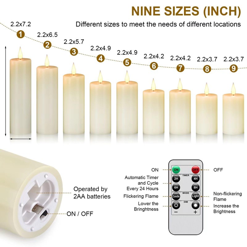 Hanzim Flameless Flickering Battery Operated Candles 9PACK Real Wax Pillar