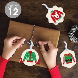 Big Dot of Happiness Ugly Sweater - Assorted Hanging Holiday and Christmas Party Favor Tags - Gift Tag Toppers - Set of 12