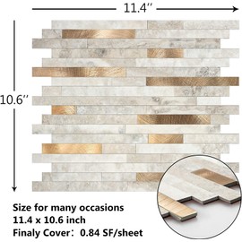 KASARO 1-Sheet Peel and Stick Backsplash Tiles for Kitchen, Marble Beige with Vintage Golden Embellished Stripes, Self-Adhesive Aluminum Wall Tile Stick on Bathroom, Fireplace, RV