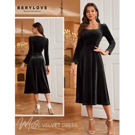 BeryLove Velvet Midi Dress Cocktail Party Formal Gowns Evening Party Dresses Long Sleeve Winter Wedding Guest Dress SR001 Black M
