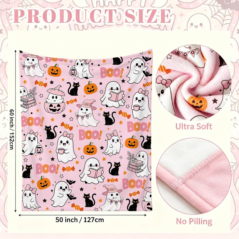 Halloween Pink Ghost Blanket Throw, Pumpkin Black Cat Throw Decor
