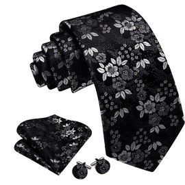 Barry.Wang Black Tie Set for Men Floral Silk Necktie Pocket Square Cufflinks Formal Business Wedding Party Prom