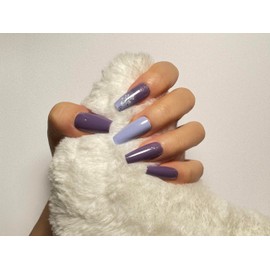 LOONGIN 24Pcs Long Square Press On Nails Bold Red and Gold Gradient Fake Nails Full Cover Reusable Nail Sticked on Nails Jelly Glue Sheet for Women Instant Glam for Parties or Festivals (Purple)