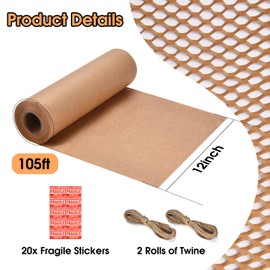 Honeycomb Packing Paper Pacific Mailer 12" x 105' Packing Paper for Moving Paper Bubble Cushioning Wrap Moving Supplies 20 Fragile Sticker Labels, 2 Jute Ropes