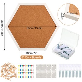Treela 8 Packs Cork Bulletin Board with Frame, Decorative Linen Bulletin CorkBoard Small Push Pin Board with 32 Push Pin 16 Clips for Office School Wall Home Picture Photo(White, Hexagon)
