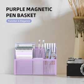 DALTACK Magnetic Pencil Holder Magnetic Shelf for the Whiteboard 3-Grid Mesh Magnetic Pen Holder for Refrigerator Magnetic Organizer Locker Accessories Organizer for Home, School and Office, Purple