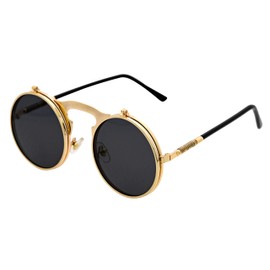 J&L Glasses Retro Flip-Up Round Goggles Steampunk Sunglasses (Golden/Black, Clear)