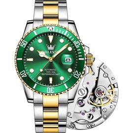 OLEVS [Upgrade]OLEVS Men's Automatic Watches,Classic Business Big Face Self Winding Mechanical Watch with Date,Luxury Unidirectional Rotating Bezel Waterproof Large Luminous Pointer Watch for Men,Gold Silver Band - Color: Gold Blue