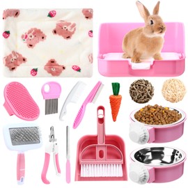 Reallnaive 15 Pcs Rabbit Starter Kit Small Rabbit Litter Box Animal Grooming Kit Bunny Toys Bowl Blankets with Cleaning Set for Guinea Pig Rabbit Accessories (Pink,Strawberry Bear Style)