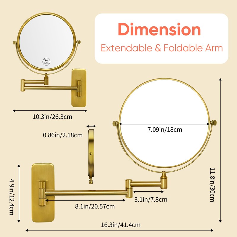 GURUN 8" Wall Mounted Makeup Mirror with 7X Magnification,Two-Sided Swivel