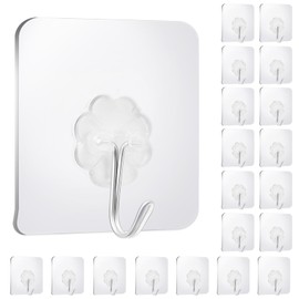 IBERDE Adhesive Hooks for Hanging, Transparent Wall Hooks, Stainless Steel Coat Hook, Towel Hooks for Bathroom, Ornament Hook Door Hanger for Home, Drill Free No Damage Utility Hooks (20 Pack)