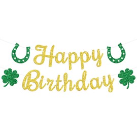Lucky Happy Birthday Banner, Shamrock Birthday Bunting Sign, Happy St Patrick's Day 1st Birthday Irish Baby Shower Party Decorations Supplies, Gold Glitter
