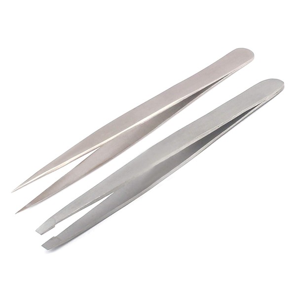 Professional Tweezers Set - Slant + Pointed Precision Tips Stainless