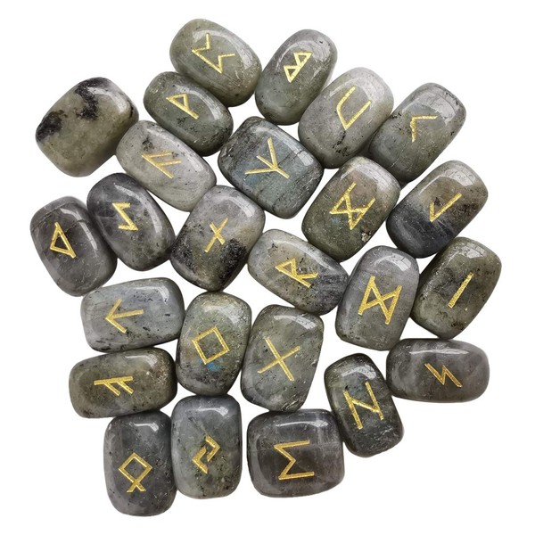Lovionus89 Natural Rune Stones Set (25 Pieces), Polished Gemstone with Carved, Crystal Healing Reiki, Moonstone