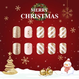 RIICFDD Christmas Nails Square Press on Nails Short Fake Nails Gold Glitter False Nails White Gold Stripe Stick on Nails Snowflake Glue on Nails Full Cover Acrylic Nails for Women Nail Decor 24 Pcs