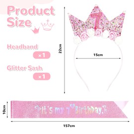 LunarCharm Girls Birthday Decorations Headband and Glitter Sash for Girls Birthday Decorations Flower Princess Crown Headband, 7th birthday