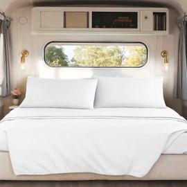 Hearth & Harbor Short Queen Sheets for RV, White RV Queen Sheets, Silky Soft 1800 Microfiber Bed Sheet for Camper, 4 Piece RV Bedding with Pillowcases