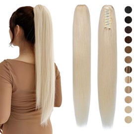 Silk-co Claw on Ponytail Extension Straight Pony Tail Real Remy Human Hair Clip in Hair Extensions 18inch #60 Platinum Blonde