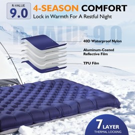 TOBTOS Camping Sleeping Pad with 9.0 R-Value, 4" Thick Inflatable Camping Mattress for All Season, Compact Insulated Sleeping Mat for Backpacking & Hiking (Rectangular)