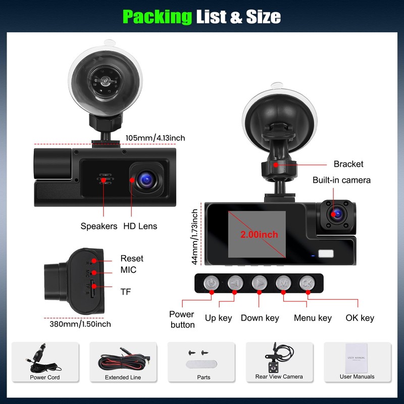 3 Channel Dash Cam Front and Rear Inside,2 Inch 1080P