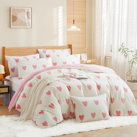 Nayoroom Winter Bed Linen 200 x 200 cm White with Pink Hearts Fleece Flannelette Bed Linen Sets 3-Piece White Cashmere Touch Warm Plush Duvet Cover Fluffy Flannel Pink Reversible Bed Linen and 2