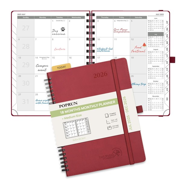 POPRUN Monthly Planner 2025-2026 Spiral Bound (6.5'' x 8.5'') 18