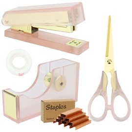 Buqoo Pink Gold Office Supplies Set - Desk Accessories Kit Includes Heavy Duty Acrylic Tape Dispenser, Stapler with 950 Rose Gold Staples (24/6 & 26/6), and Scissors for Home, School, Office