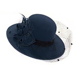 Caprilite Large Brim Felt Fedora Formal Hat Wool Mix Occasion Birdcage Veil Netting Hatinator Fascinator (Wool Blend, Navy)