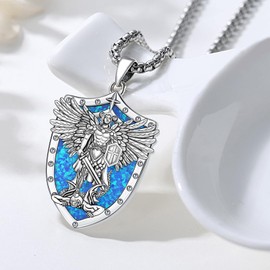 Saint Michael Necklace for Men Sterling Silver St. Michael the Archangel Sheild Pendant Necklace St Michael Medal Amulet Talisman Jewelry Birthday Fathers Day Jewelry