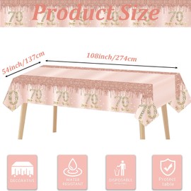 70th Birthday Table Cloth Rose Gold,137 * 274cm Rose Gold 70th Birthday Party Table Decoration Plastic Waterproof Rectangular Table Cover for Women,Her Birthday Gifts Party Table Decoration