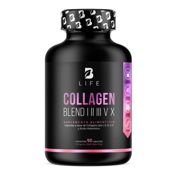 Colágeno Tipo I, II, III, V y X, Con 90 cápsulas. Ingredientes naturales: Vitamina C y Ácido Hialurónico para mayor Absorción. Collagen Blend I II III V X B Life.