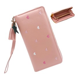 AffeGifts Wallet for Women with Zipper, Cute Embroidery PU Leather Womens Purse Large Capacity Long Ladies Purse with Detachable Wrist Strap Coin Pocket Card Holder for Girls Ladies Women