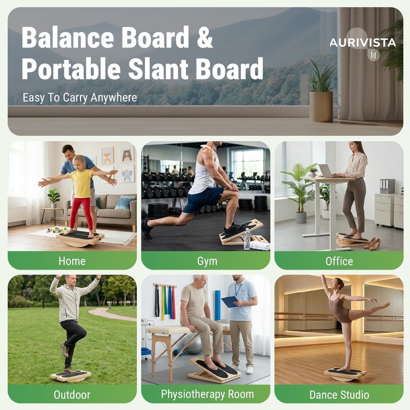 AURIVISTA 2-in-1 Slant & Balance Board, 180° Adjustable Wooden Calf