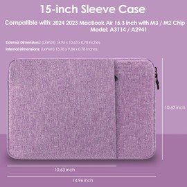 ProElife 15-Inch Laptop Sleeve Case for 2024 2023 MacBook Air 15 inch with Apple M3 M2 Chip Accessory Traveling Carrying Case Water-resistant Bag Cover for MacBook Air 15'' 2024 2023 M3 M2 (Purple)