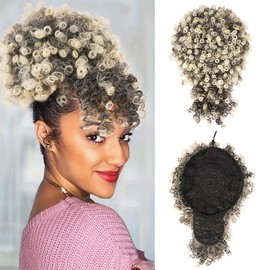 Fayasu Afro Puff Drawstring Ponytail with Bangs Hair Clip in Curly Bangs Short Ponytail Hair Extensions Hairpieces for Black Women (T1B/613, With Bangs)