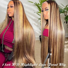 ALLRUN Highlight Lace Front Wig Human Hair 13x6 Highlight Wigs Human Hair Straight P4/27 Highlight Ombre Human Hair Honey Blonde Wig Hd Lace Front Wigs Pre-Plucked With Baby Hair 24 Inch