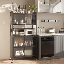 REENLIV 5-Tier Bakers Rack with Power Outlet, Microwave Stand, Bread Rack,Coffee Stand, Baker's Rack with Rolling Wheels and 4 Hooks, Kitchen Shelves for Spices, Pots and Pans,Black