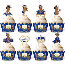 96PCS Royal Prince Cupcake Toppers and Wrappers, Little Prince Baby Shower Cupcake Decorations for Boys Kids, Royal Blue Prince Themed Birthday Party Supplies